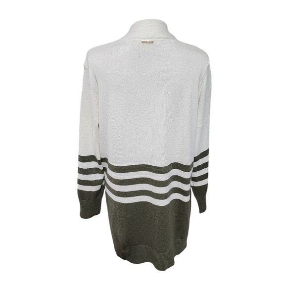 Michael Kors Striped Open Front Longline Cardigan Sweater XL White Olive Green - Picture 4 of 7